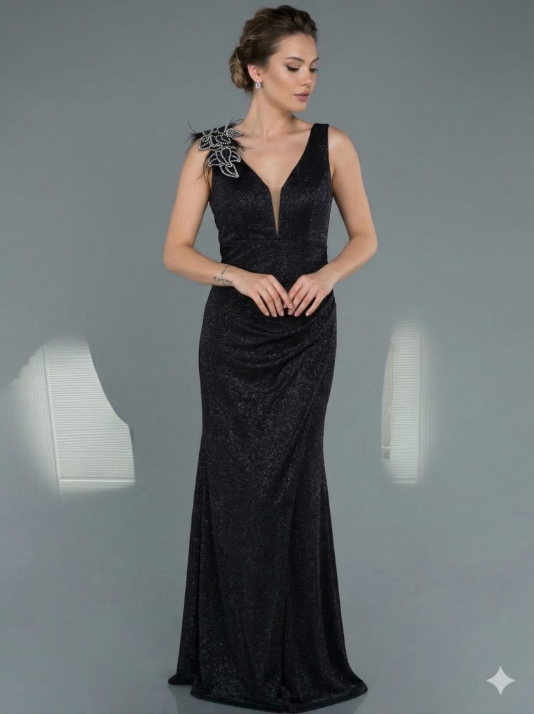 CANCECE SO LADY Aksesuar Detaylı Abiye Elbise  9085 - Siyah