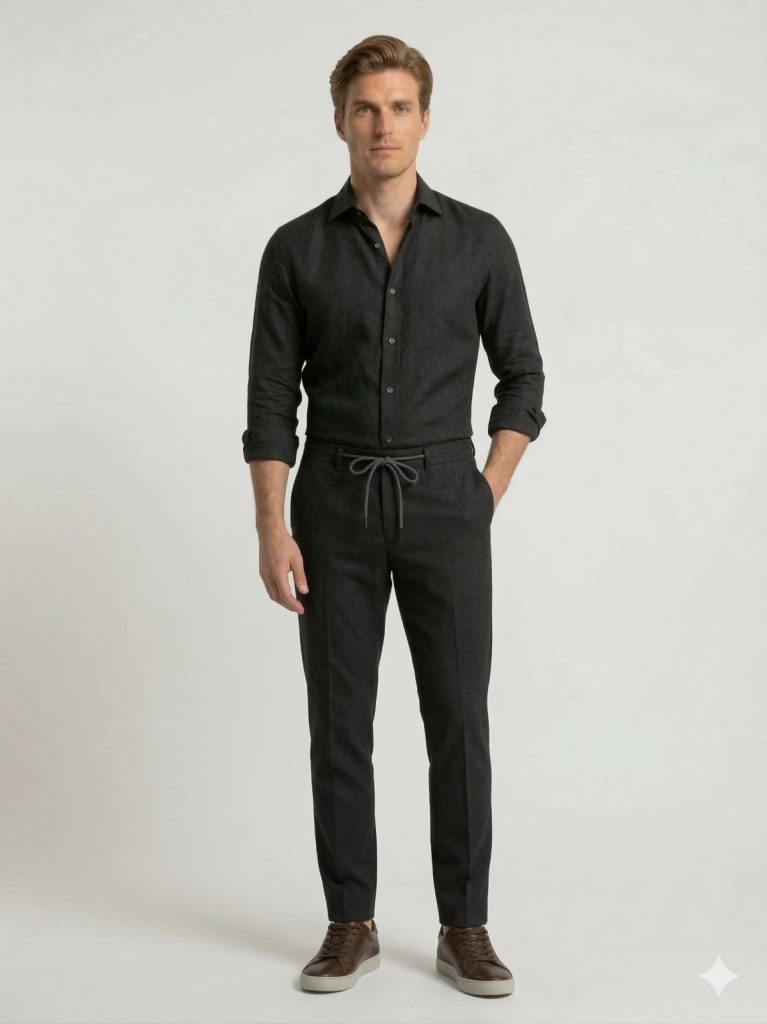 CASABA Beli Lastikli Bağcıklı Erkek Pantolon 9362 - Siyah