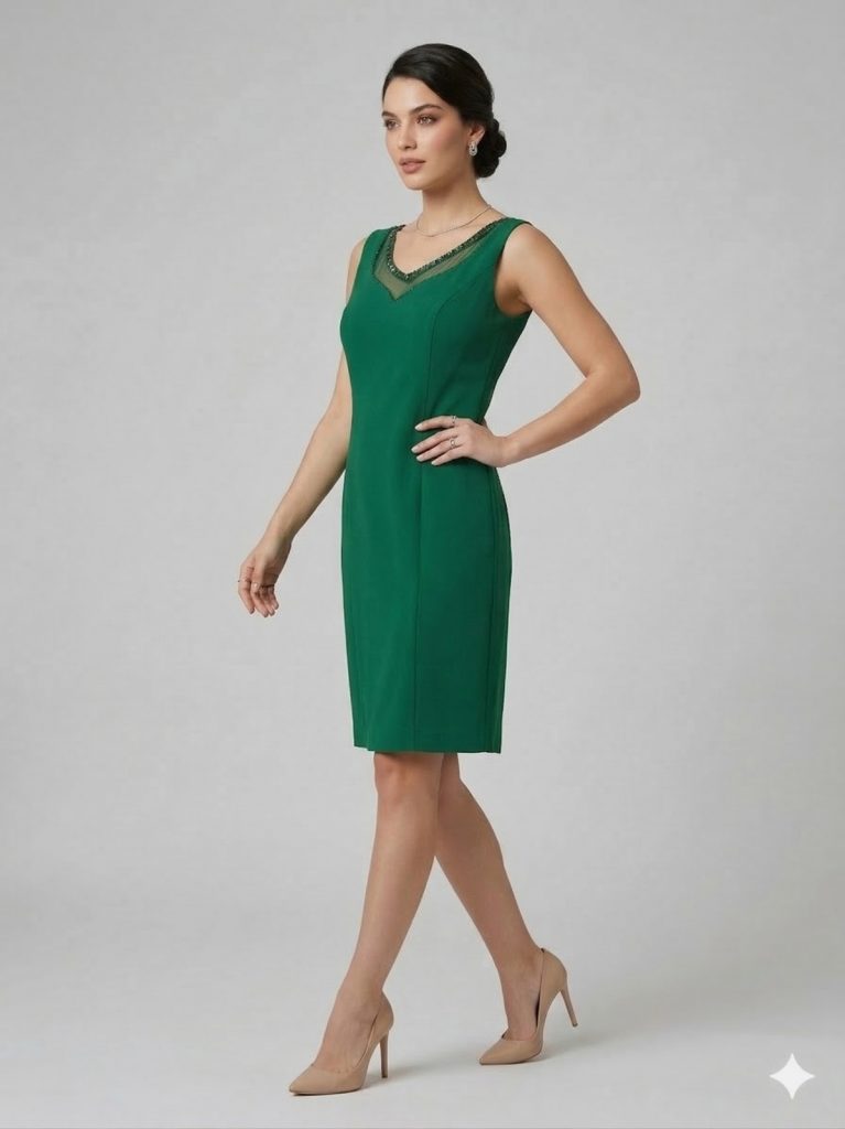 CITYMOD Kendinden Taş İşlemeli Elbise  2347 - YEŞİL