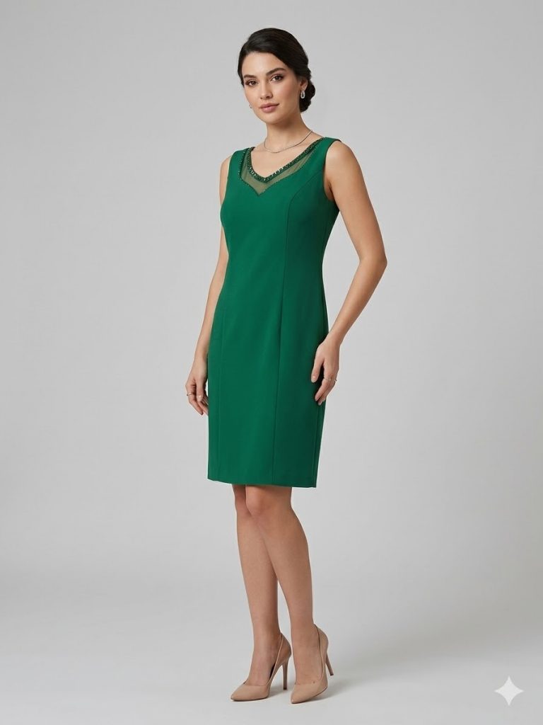 CITYMOD Kendinden Taş İşlemeli Elbise  2347 - YEŞİL