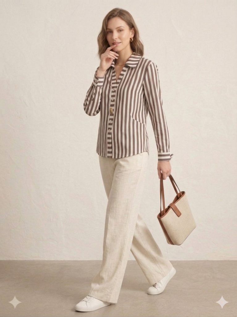 FEVER Çizgili V Yaka Düğmeli Kadın Gömlek 17010 - kahve