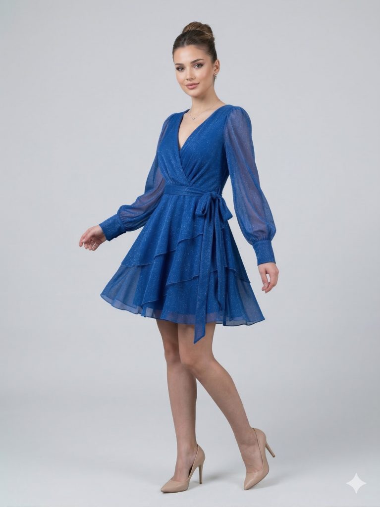 DORİDORCA Fırfırlı ve Kemer Detaylı Elbise  2138 - İNDİGO