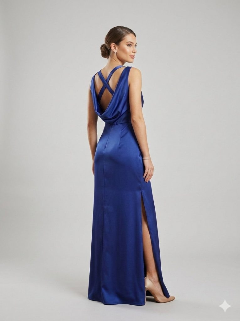 DORİDORCA Sırt Dekolteli Yırtmaçlı Elbise 4034 - GECE MAVİSİ