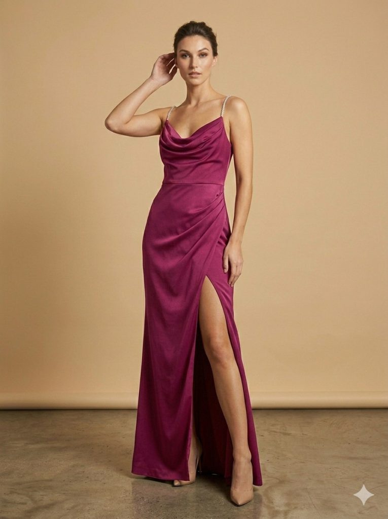 DORİDORCA Taş Askılı Yırtmaçlı  Elbise 4116 - visne