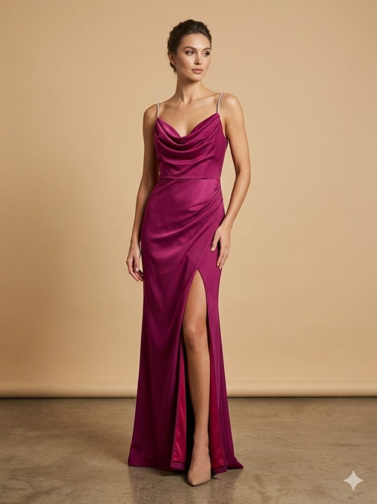 DORİDORCA Taş Askılı Yırtmaçlı  Elbise 4116 - visne