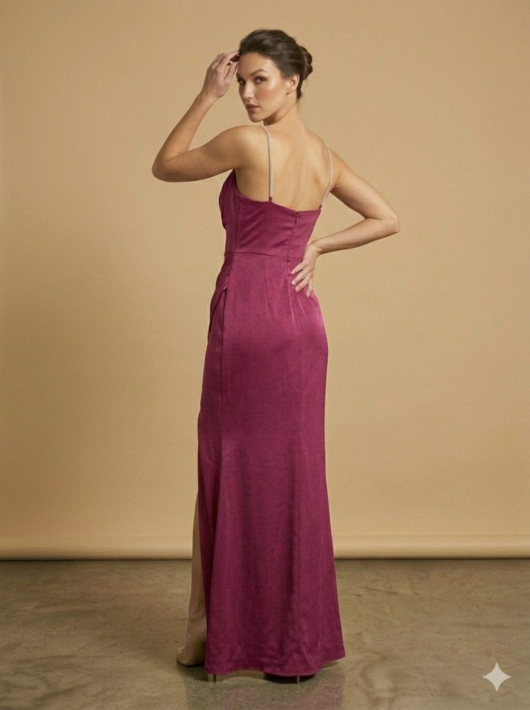 DORİDORCA Taş Askılı Yırtmaçlı  Elbise 4116 - visne