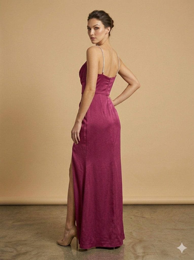 DORİDORCA Taş Askılı Yırtmaçlı  Elbise 4116 - visne