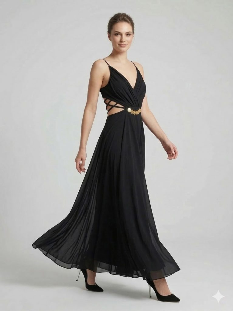 DORİDORCA Aksesuar Detaylı Askılı Abiye Elbise 5025 - Siyah