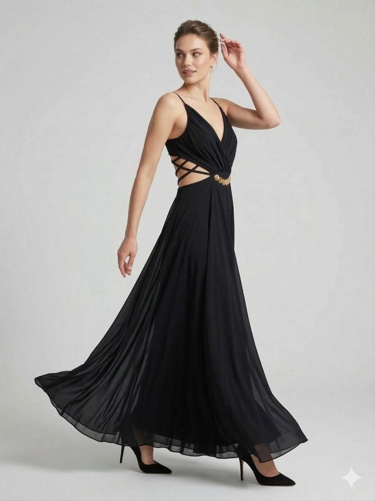 DORİDORCA Aksesuar Detaylı Askılı Abiye Elbise 5025 - Siyah