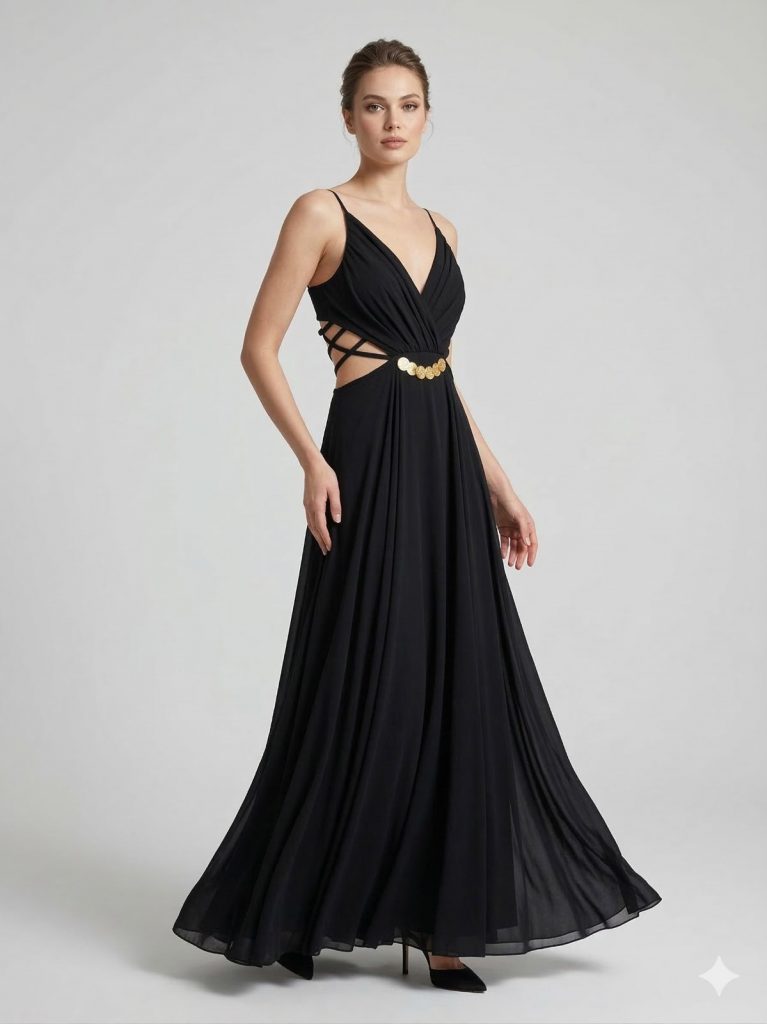 DORİDORCA Aksesuar Detaylı Askılı Abiye Elbise 5025 - Siyah