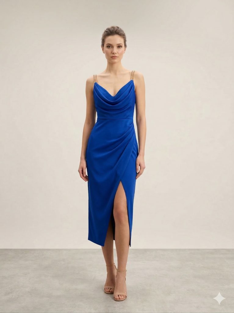 DORİDORCA Taş Askılı Yırtmaçlı Elbise  5026 - SAKS