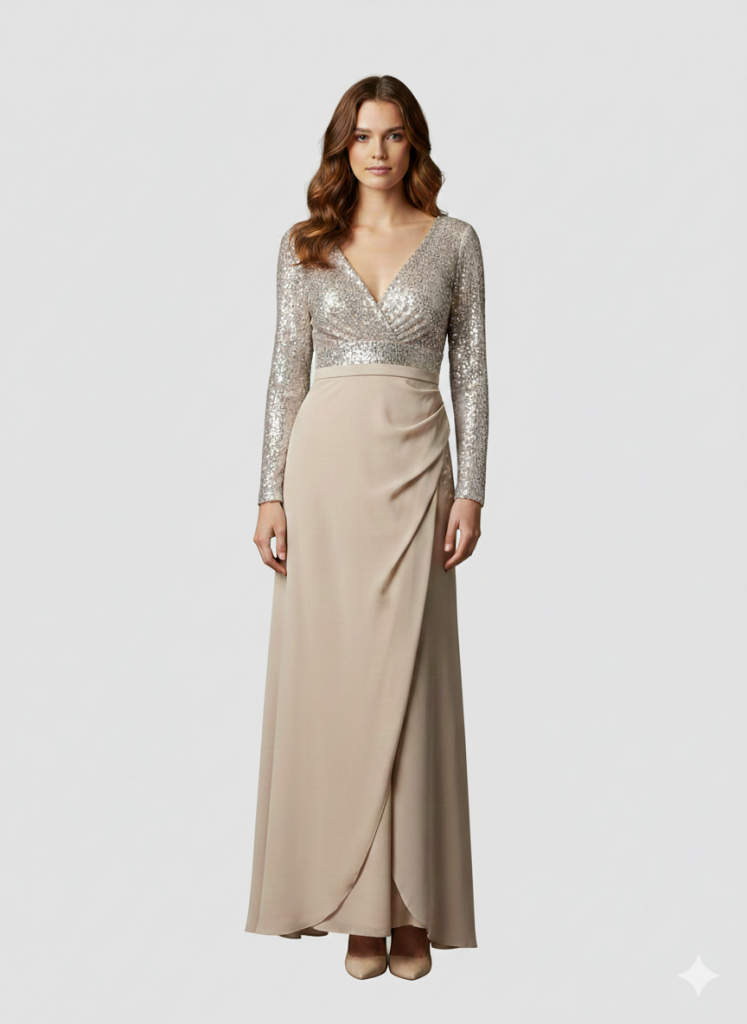 DORİDORCA Pul Payetli Çapraz Yırtmaçlı Elbise 5033 B.B - BEJ