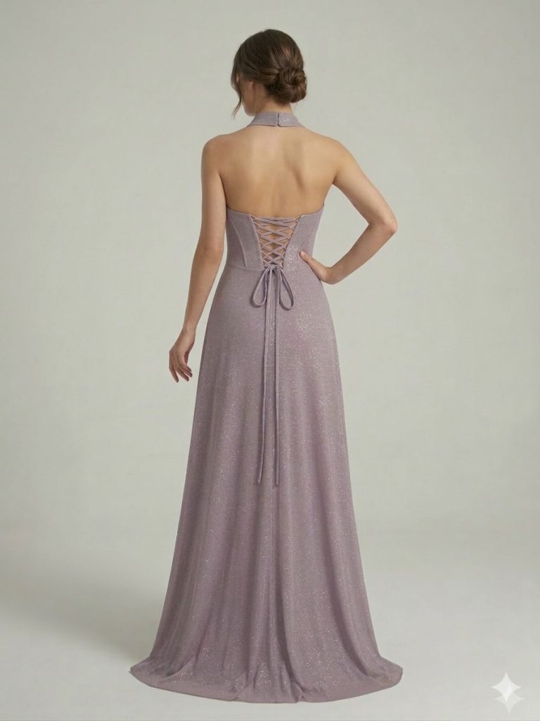 DORİDORCA Boyun&Sırt Tül Askılı Abiye Elbise 5108 - VİZON