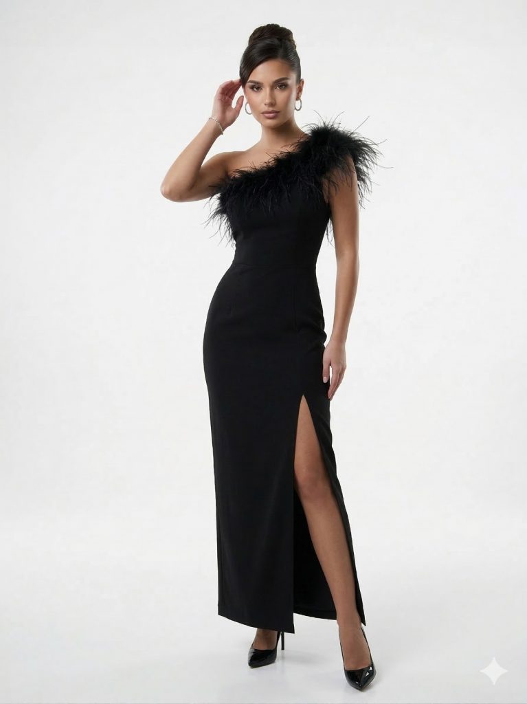 DORİDORCA Yaka ve Kolda Tüy Detaylı Yırtmaçlı Elbise 5135 - Siyah