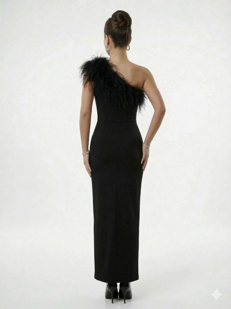 DORİDORCA Yaka ve Kolda Tüy Detaylı Yırtmaçlı Elbise 5135 - Siyah