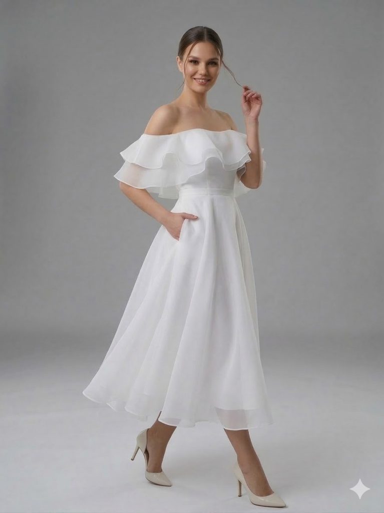 DORİDORCA Tül Detaylı Abiye Elbise  6013 - Beyaz