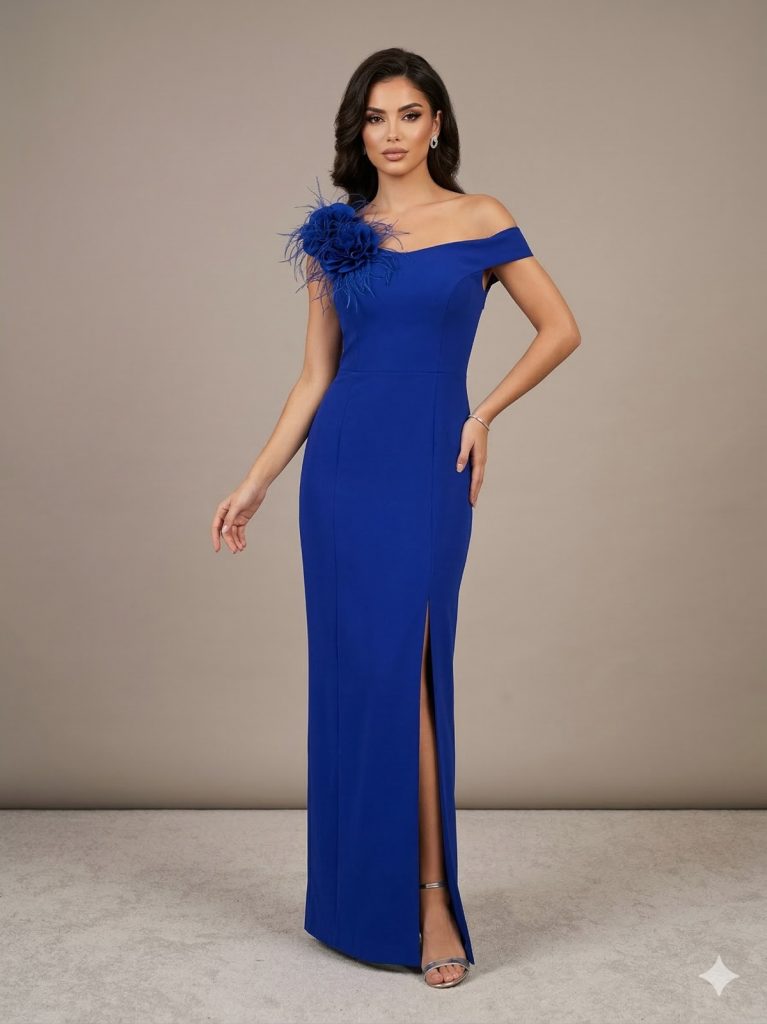 DORİDORCA Tüylü Çiçek Detaylı Yırtmaçlı Elbise 6040 - SAKS