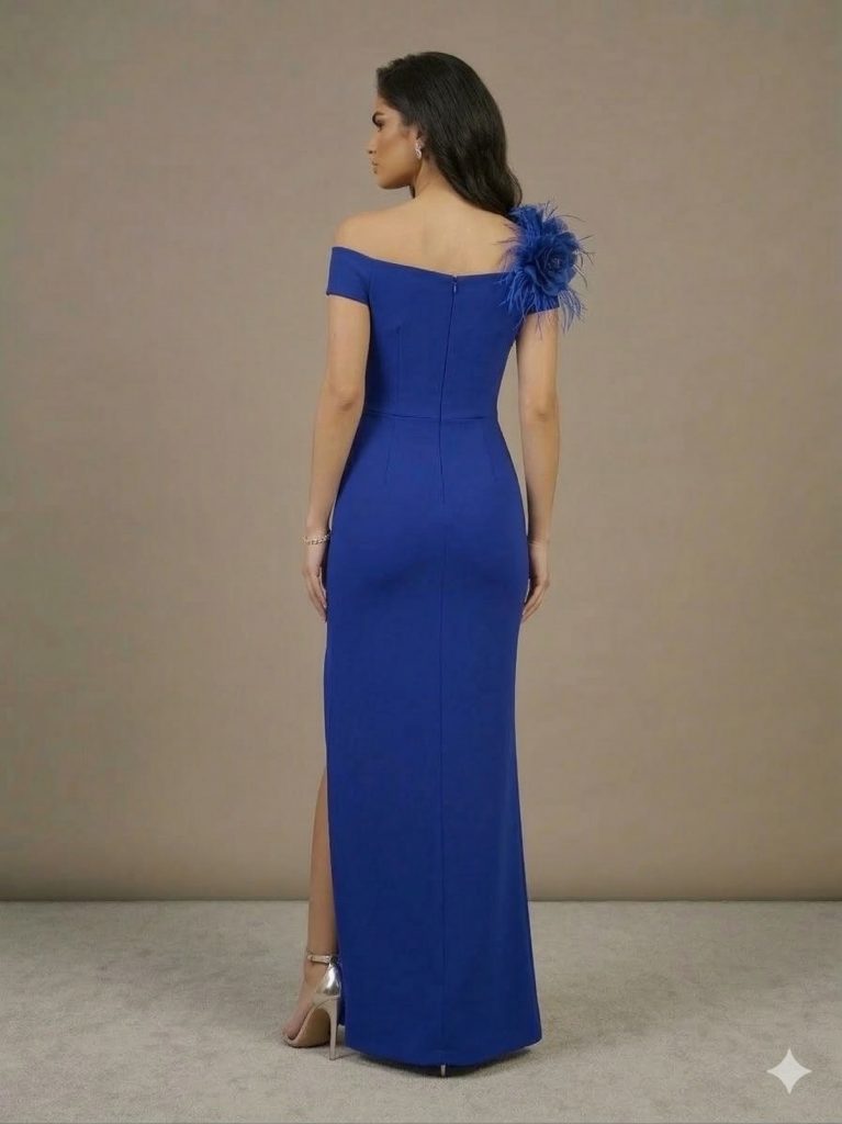 DORİDORCA Tüylü Çiçek Detaylı Yırtmaçlı Elbise 6040 - SAKS