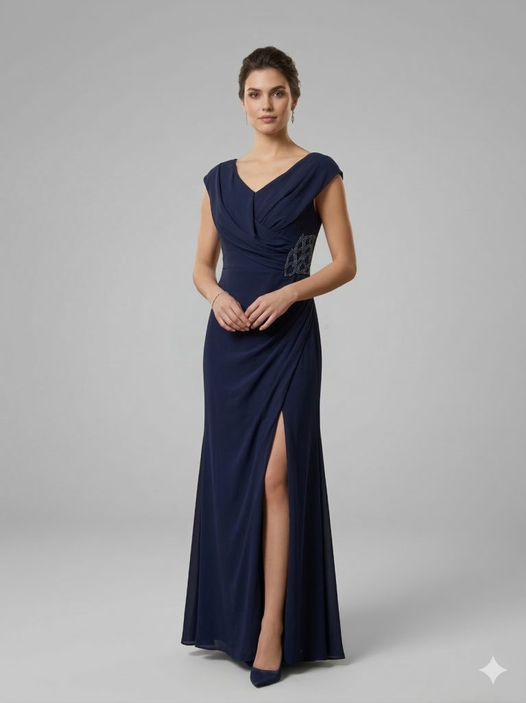 DORİDORCA Boncuk Detaylı Abiye Elbise 7010 - Lacivert