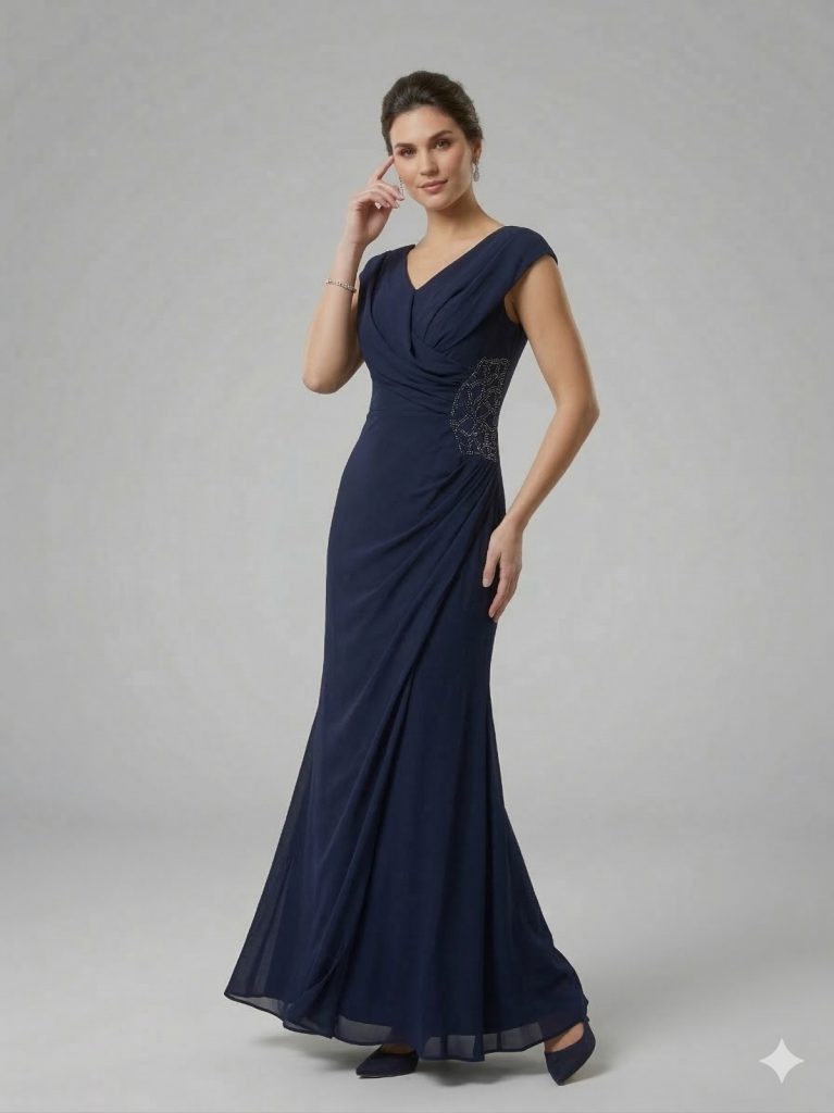 DORİDORCA Boncuk Detaylı Abiye Elbise 7010 - Lacivert