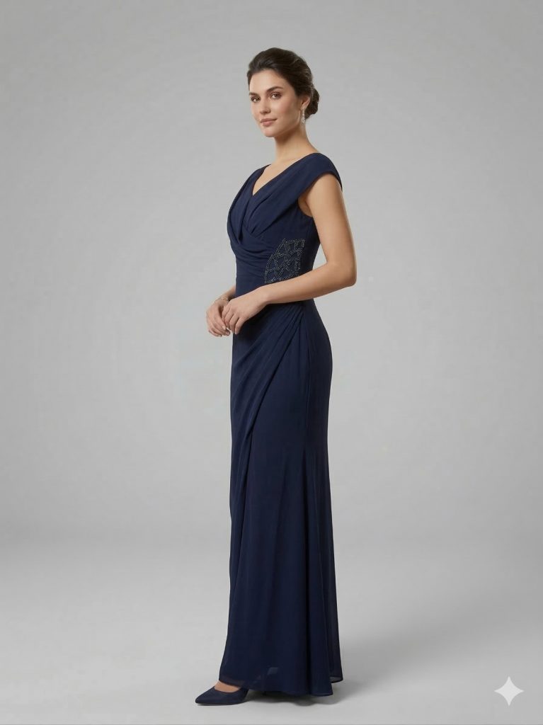 DORİDORCA Boncuk Detaylı Abiye Elbise 7010 - Lacivert