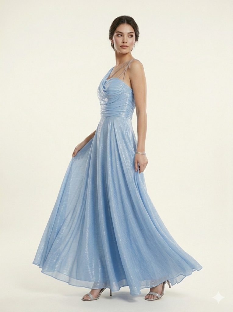 DORİDORCA Taş Askılı Parlak Elbise 7043 - MAVİ