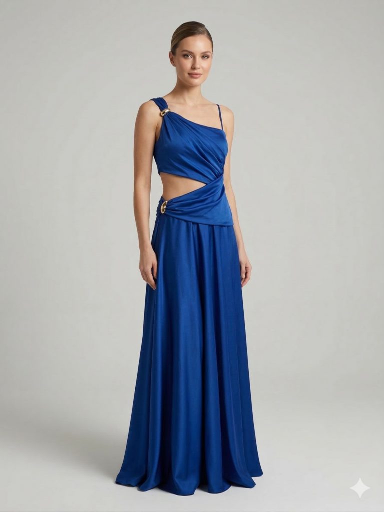 DORİDORCA Aksesuar Detaylı Dekolteli Abiye Elbise 7050 - İNDİGO