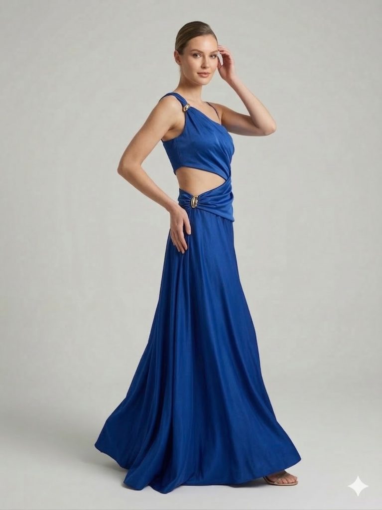 DORİDORCA Aksesuar Detaylı Dekolteli Abiye Elbise 7050 - İNDİGO