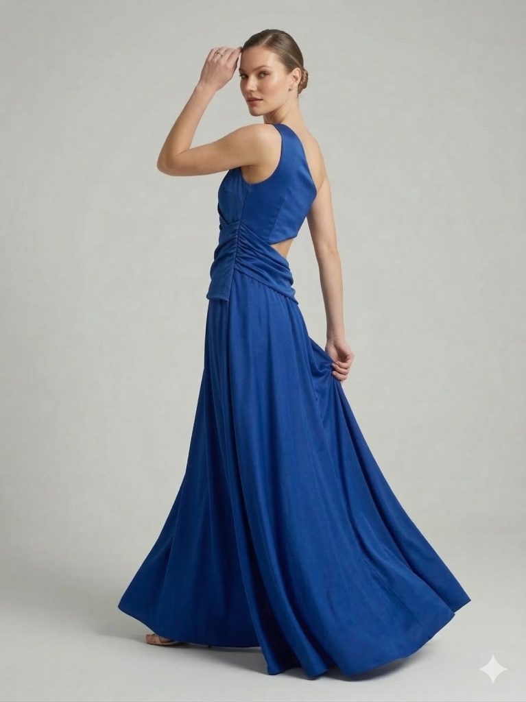 DORİDORCA Aksesuar Detaylı Dekolteli Abiye Elbise 7050 - İNDİGO