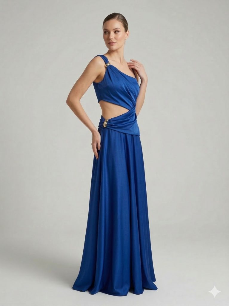 DORİDORCA Aksesuar Detaylı Dekolteli Abiye Elbise 7050 - İNDİGO