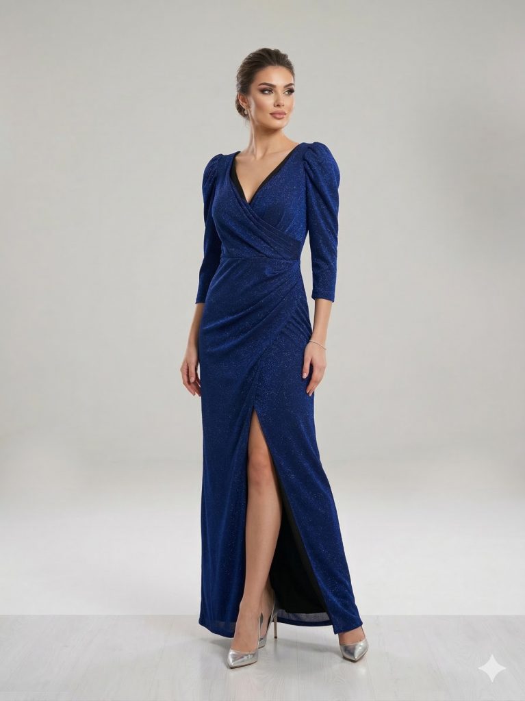 DORİDORCA V Yaka Yırtmaçlı Abiye Elbise 2102 - Lacivert