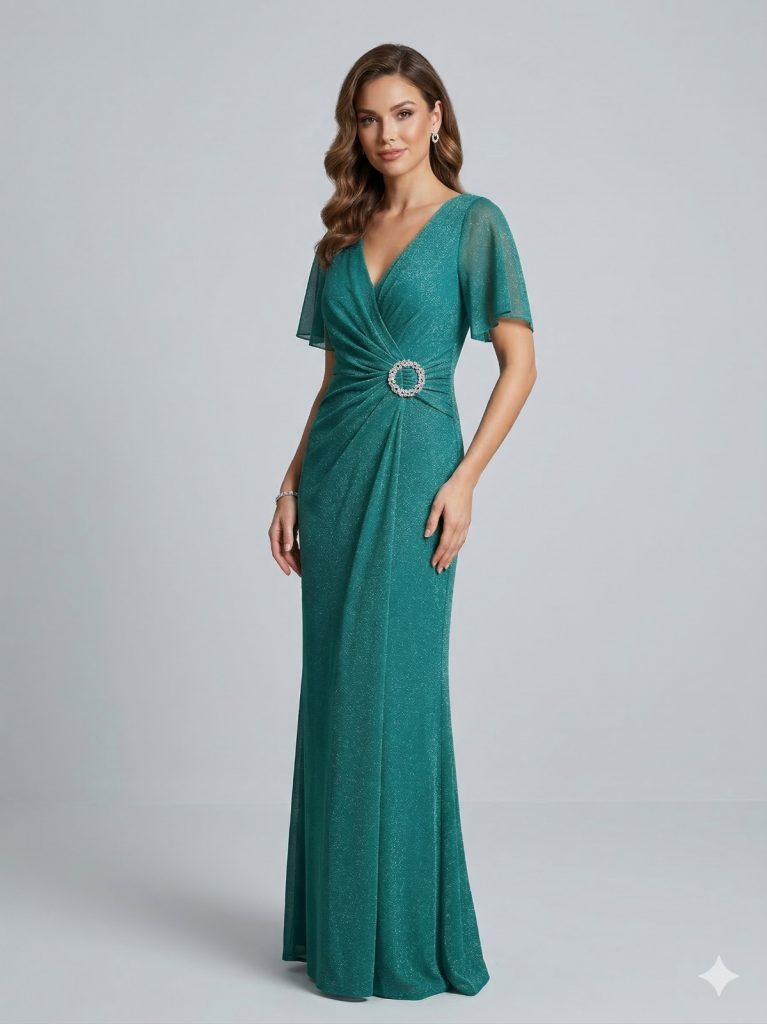 DORİDORCA Aksesuar Detaylı V Yaka Elbise  5024 - YEŞİL