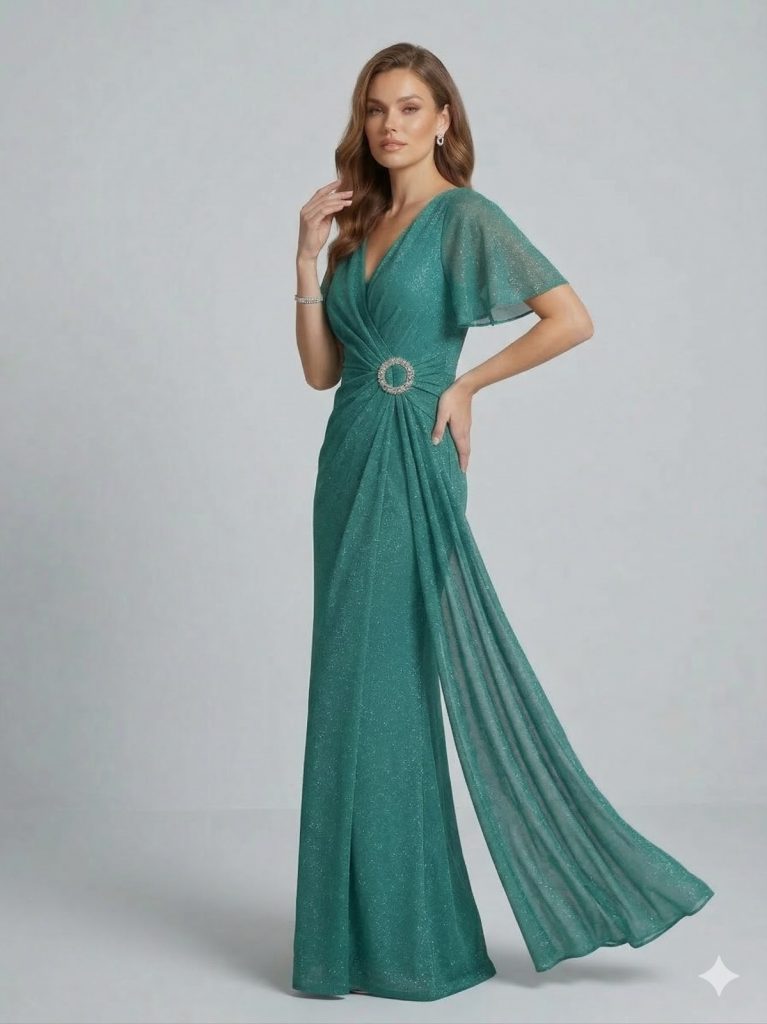 DORİDORCA Aksesuar Detaylı V Yaka Elbise  5024 - YEŞİL