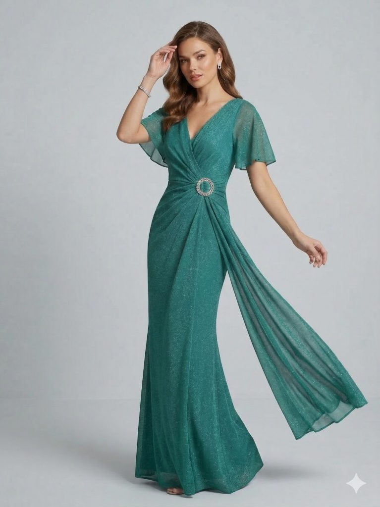 DORİDORCA Aksesuar Detaylı V Yaka Elbise  5024 - YEŞİL