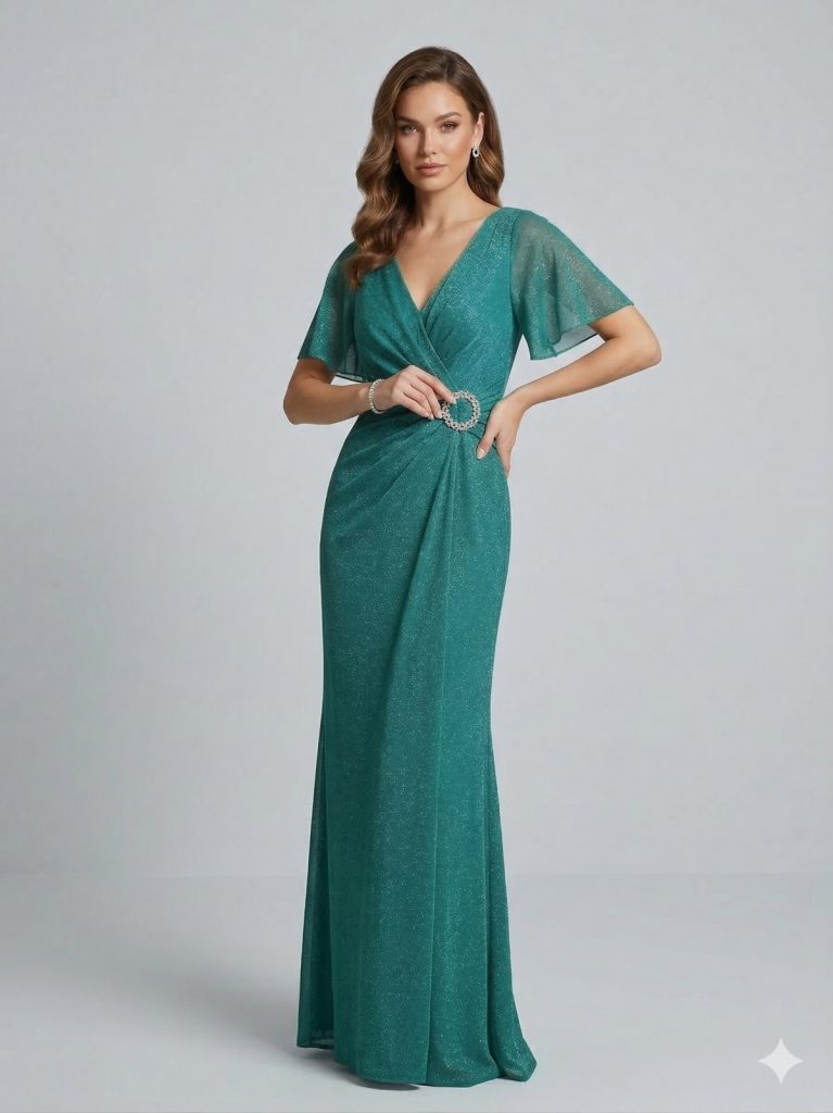 DORİDORCA Aksesuar Detaylı V Yaka Elbise  5024 - YEŞİL