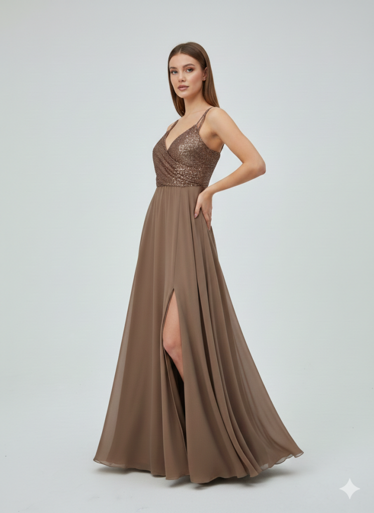 DORİDORCA Önü Yırtmaçlı Pul Payetli Elbise 5045