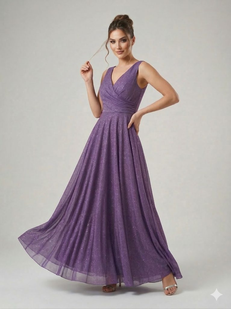 DORİDORCA V Yaka Simli Abiye Elbise 6111 - LAVANTA