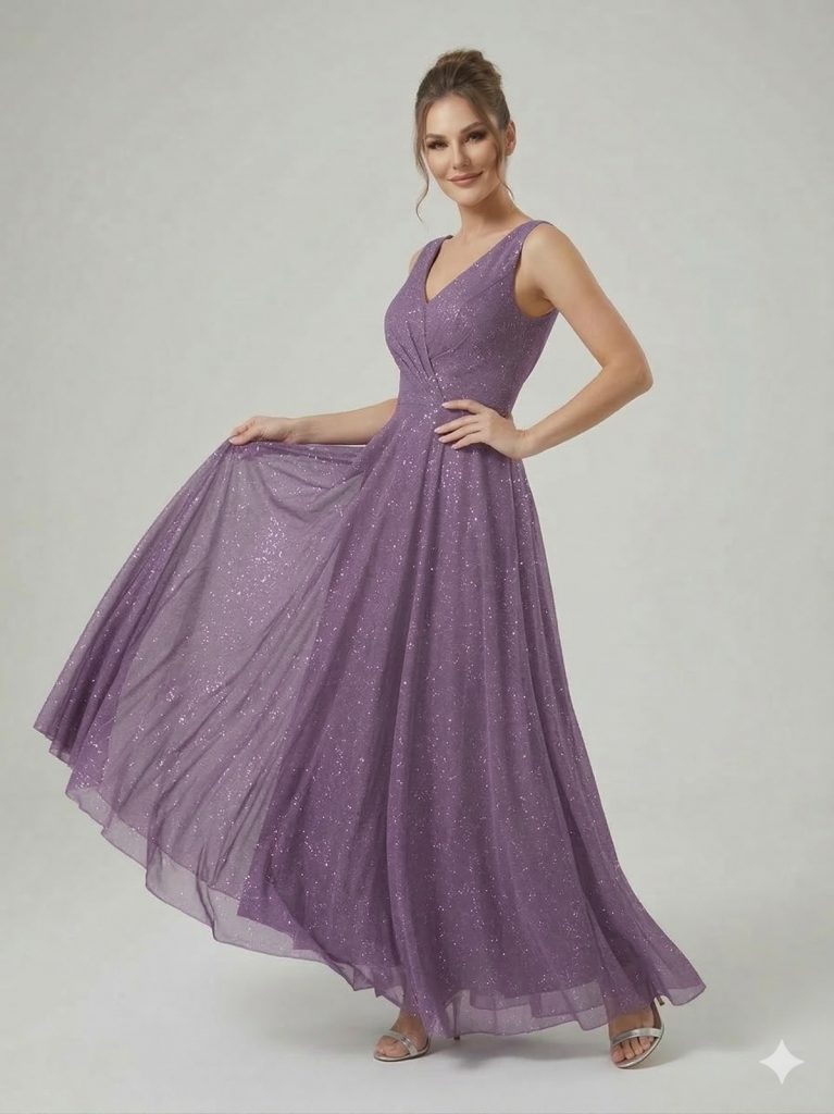 DORİDORCA V Yaka Simli Abiye Elbise 6111 - LAVANTA