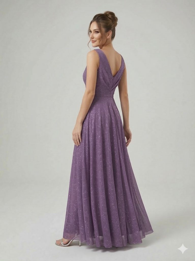 DORİDORCA V Yaka Simli Abiye Elbise 6111 - LAVANTA