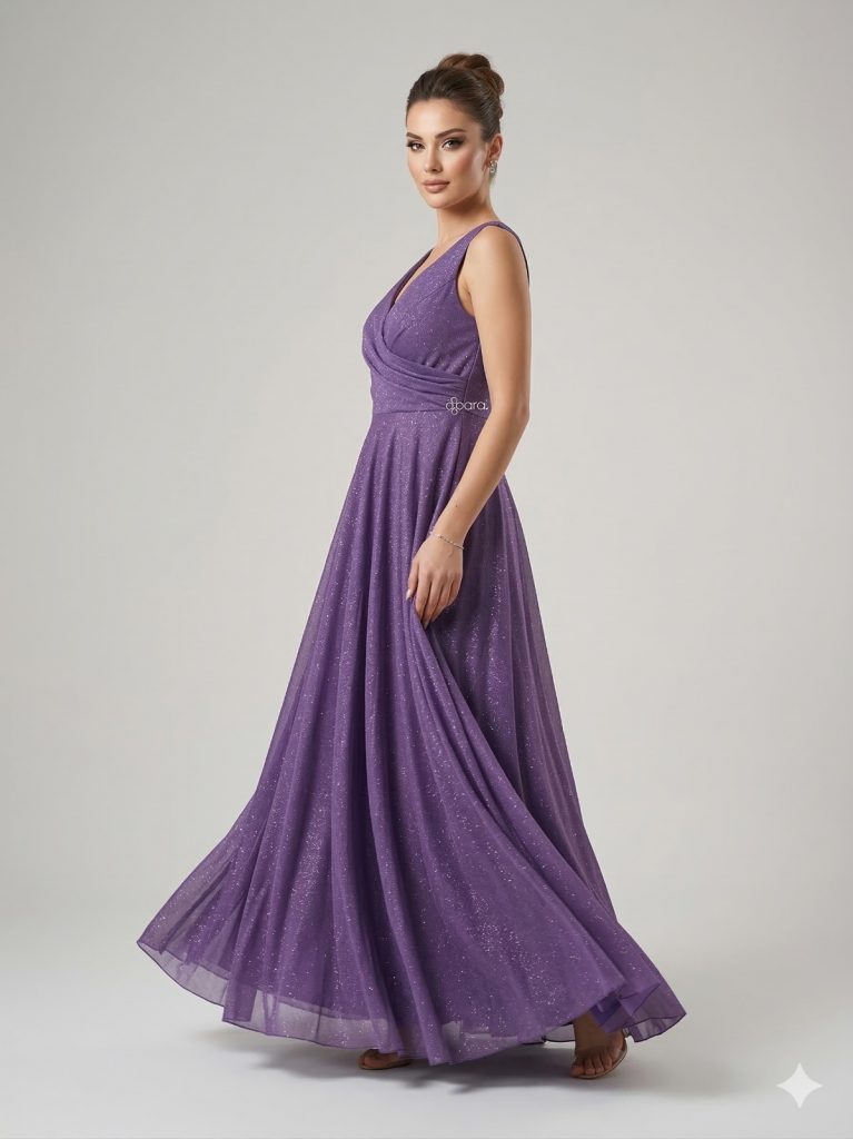 DORİDORCA V Yaka Simli Abiye Elbise 6111 - LAVANTA