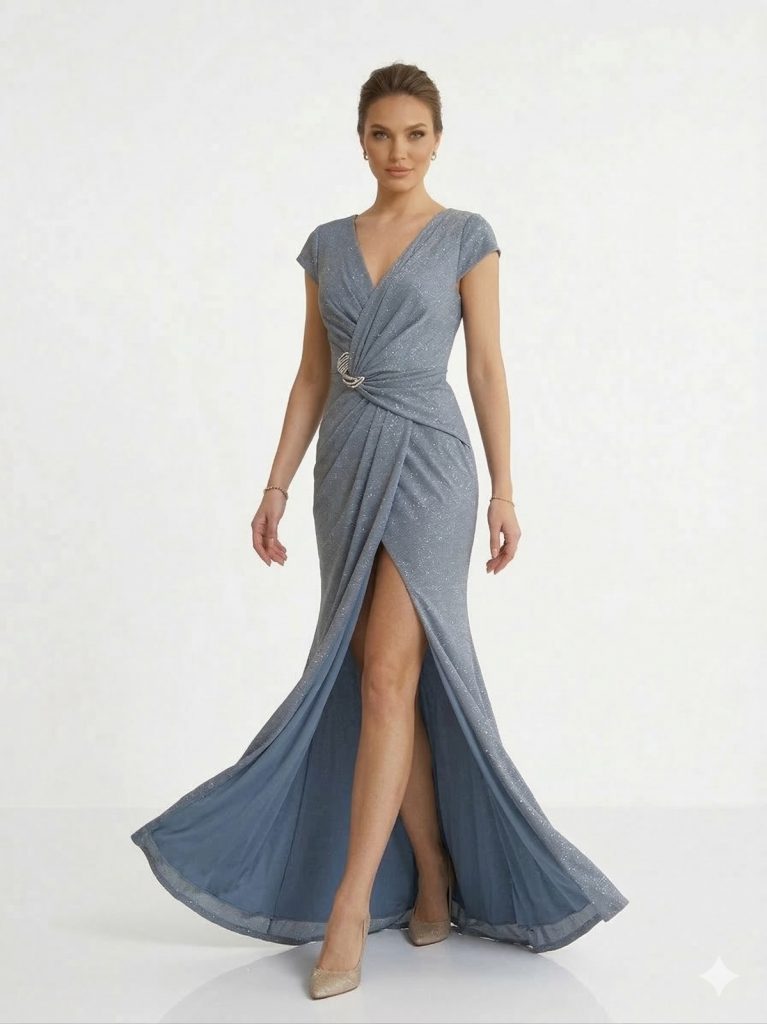 DORİDORCA Aksesuar Detaylı Simli Elbise  7055 - İNDİGO