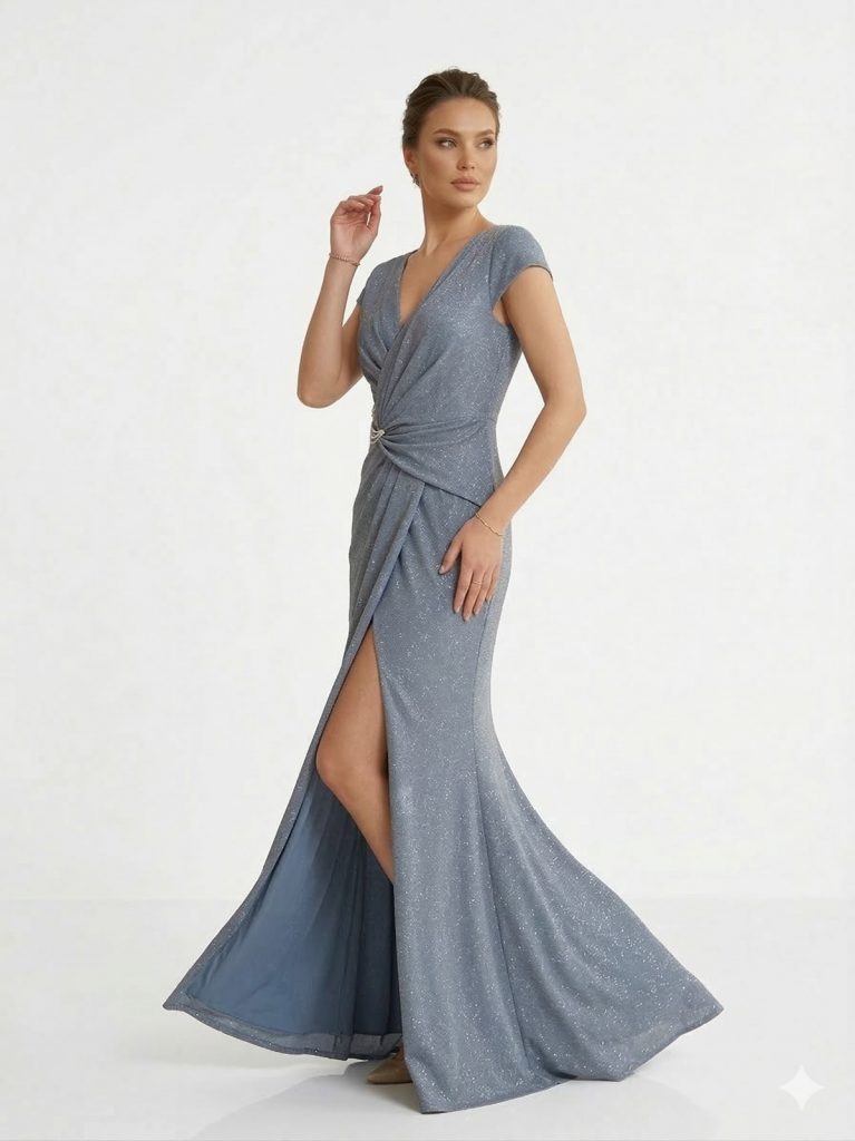 DORİDORCA Aksesuar Detaylı Simli Elbise  7055 - İNDİGO