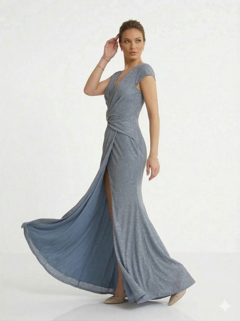 DORİDORCA Aksesuar Detaylı Simli Elbise  7055 - İNDİGO