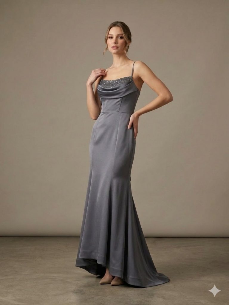 DORİDORCA Taş Detaylı Abiye Elbise 7112 - GRİ