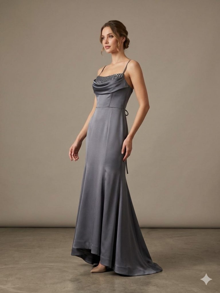 DORİDORCA Taş Detaylı Abiye Elbise 7112 - GRİ