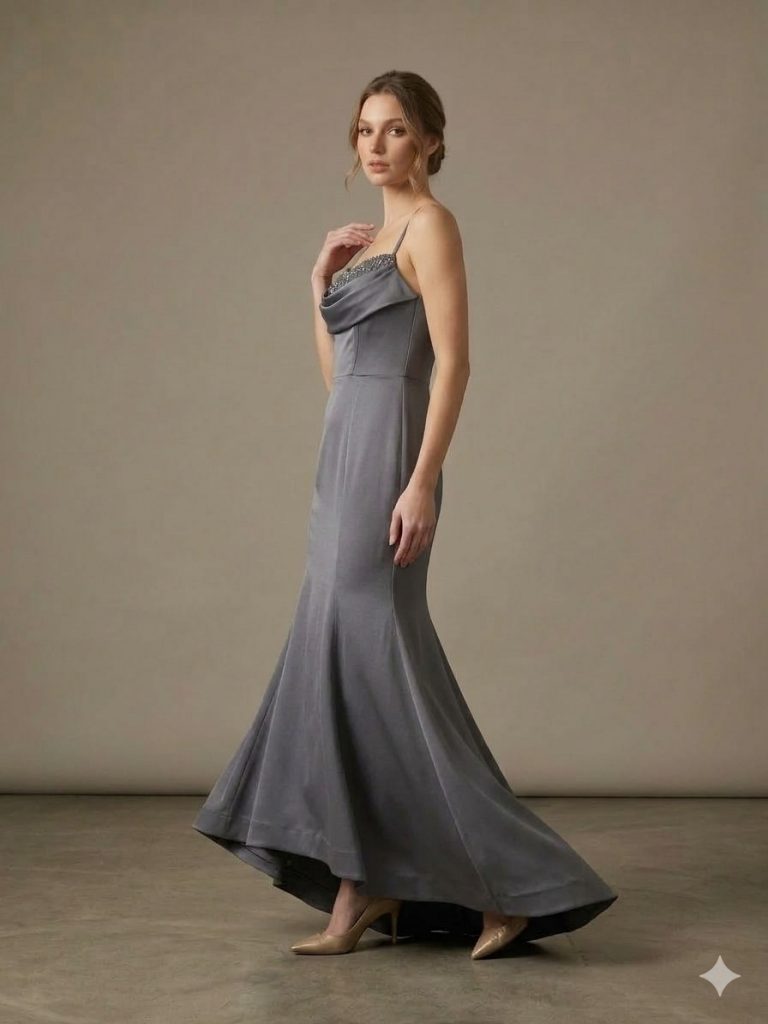 DORİDORCA Taş Detaylı Abiye Elbise 7112 - GRİ