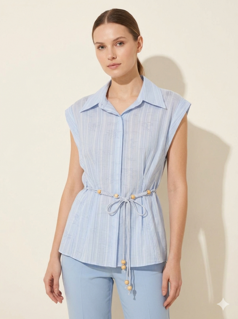 EKOL İp Kemerli Sıfır Kol Bluz 2032 - MAVİ