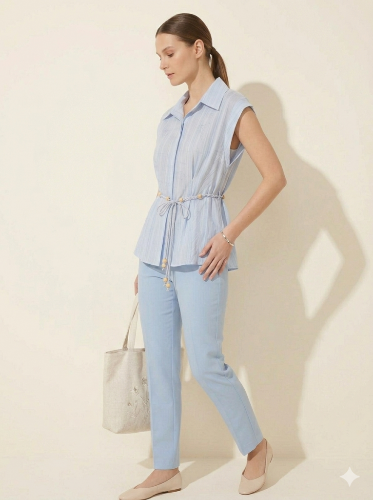 EKOL İp Kemerli Sıfır Kol Bluz 2032 - MAVİ