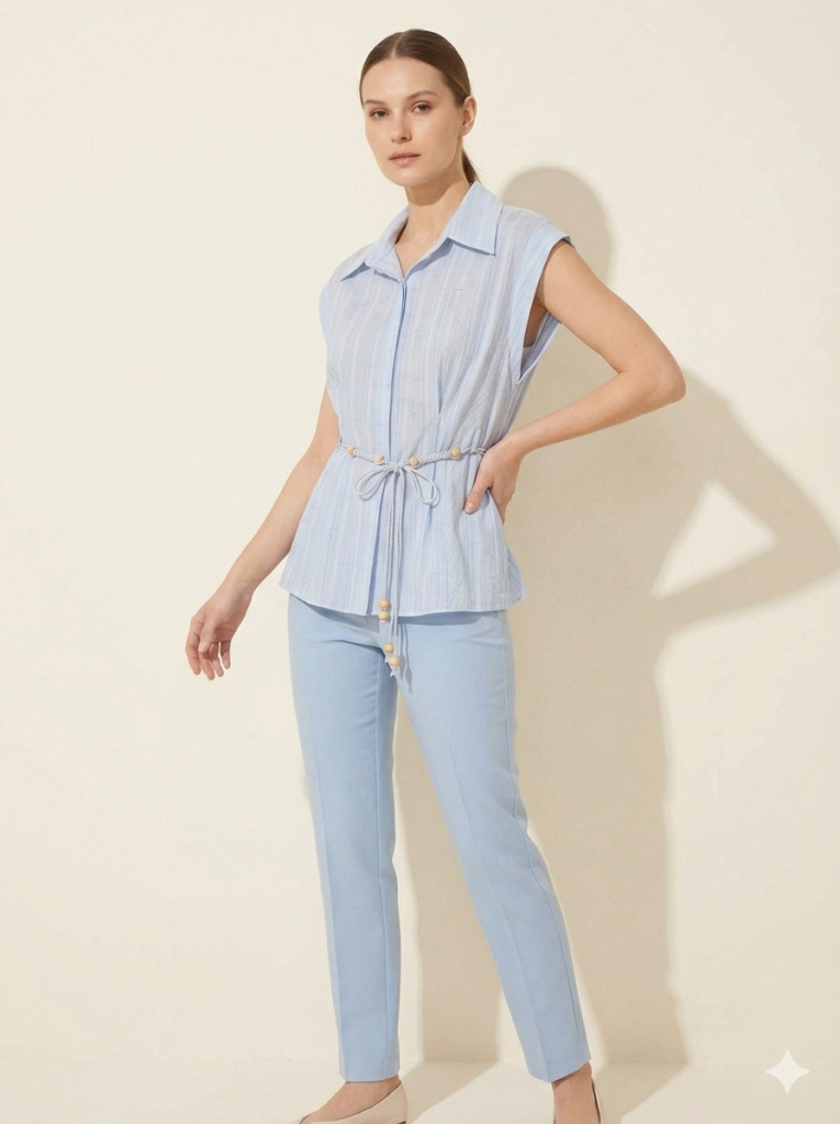 EKOL İp Kemerli Sıfır Kol Bluz 2032 - MAVİ