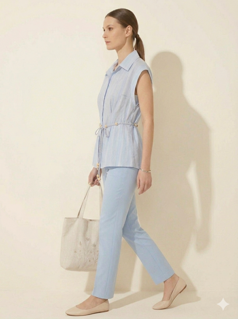 EKOL İp Kemerli Sıfır Kol Bluz 2032 - MAVİ